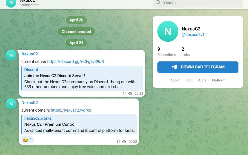 Nexus C2 Telegram support channel