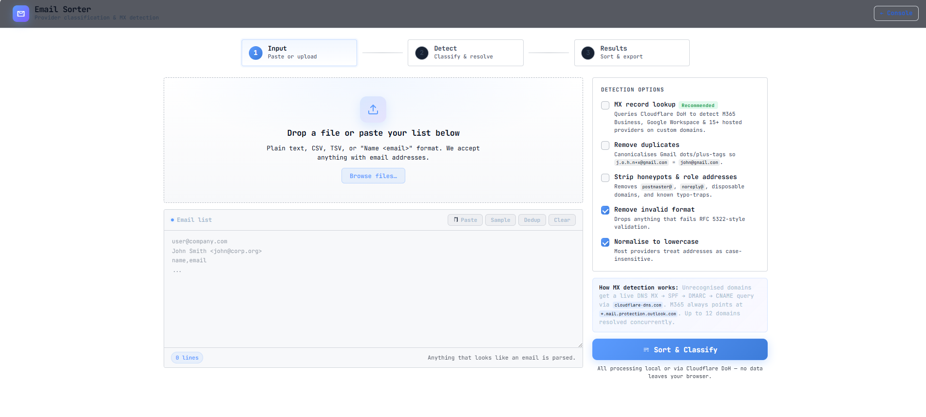Email Sorter and Validator interface.