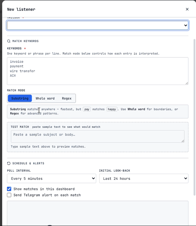 Inbox Listener - secondary view.