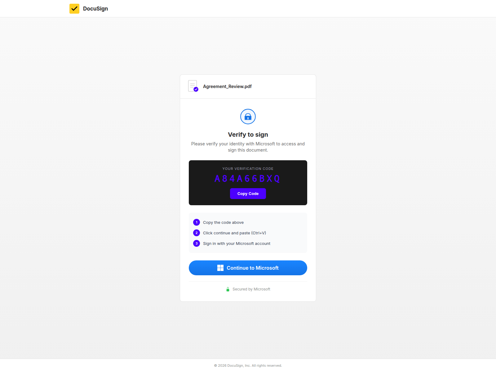 Phishing page using DocuSign branding with device code prompt