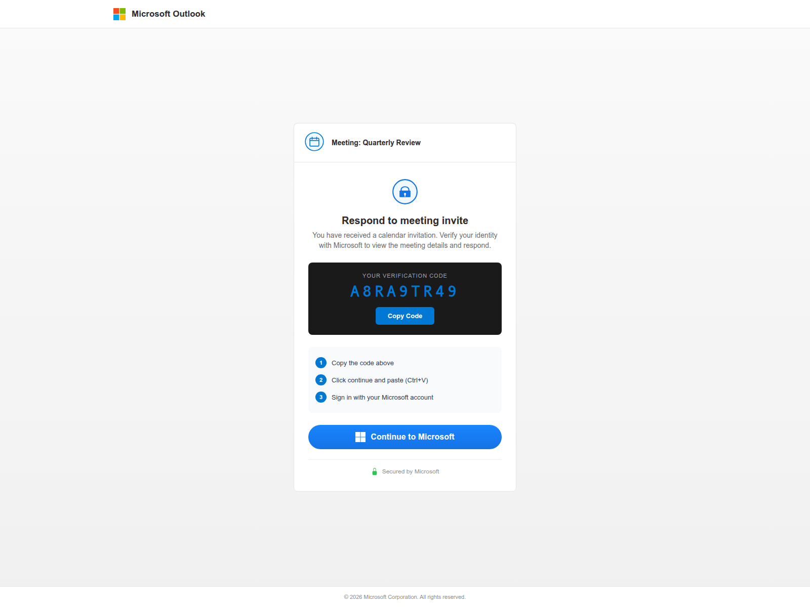 Phishing page using Microsoft Outlook branding with device code prompt