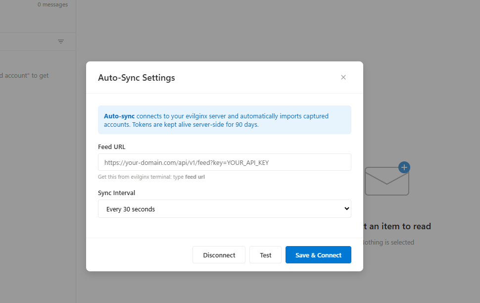 Evilginx feed API configuration panel showing the endpoint URL and polling interval settings