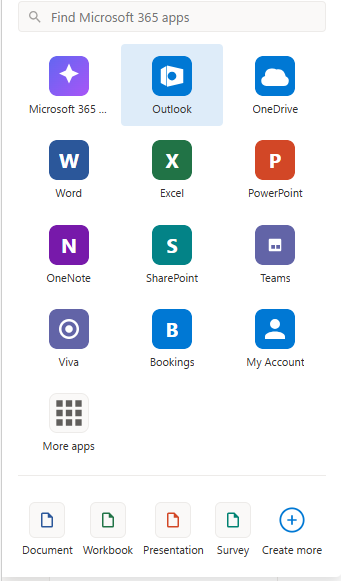 Panel app launcher showing icons for all available M365 service pivots including Outlook, OneDrive, Teams, and Admin Center