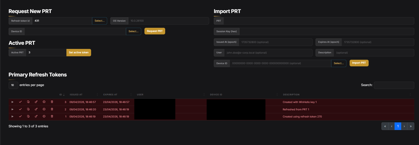 GraphSpy PRT panel showing captured Primary Refresh Tokens