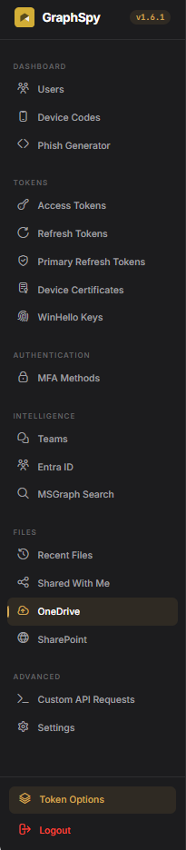 GraphSpy navigation toolbar showing the available post-exploitation modules