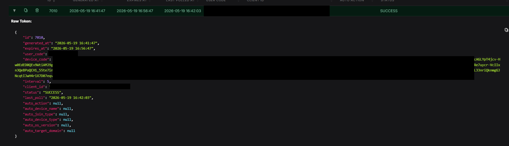 GraphSpy device codes panel showing active and recently captured device code sessions