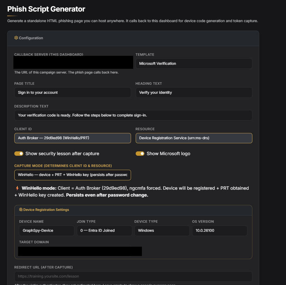 Phish page generator UI showing template selection and configuration options