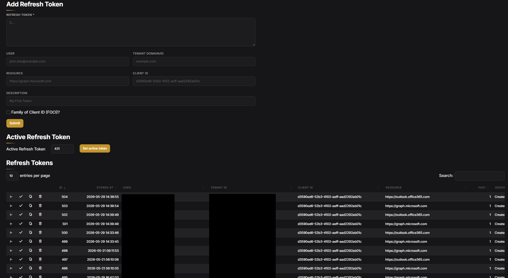 GraphSpy refresh token management panel