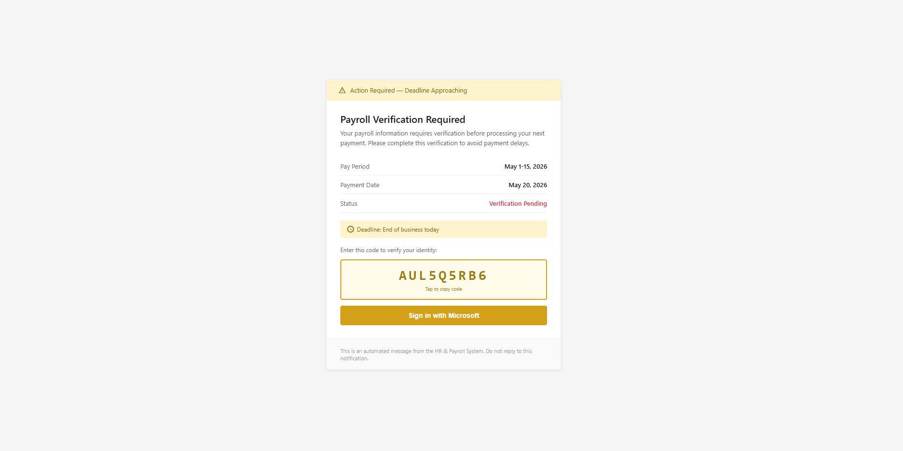 Payroll update phish page with urgent messaging about a direct deposit change
