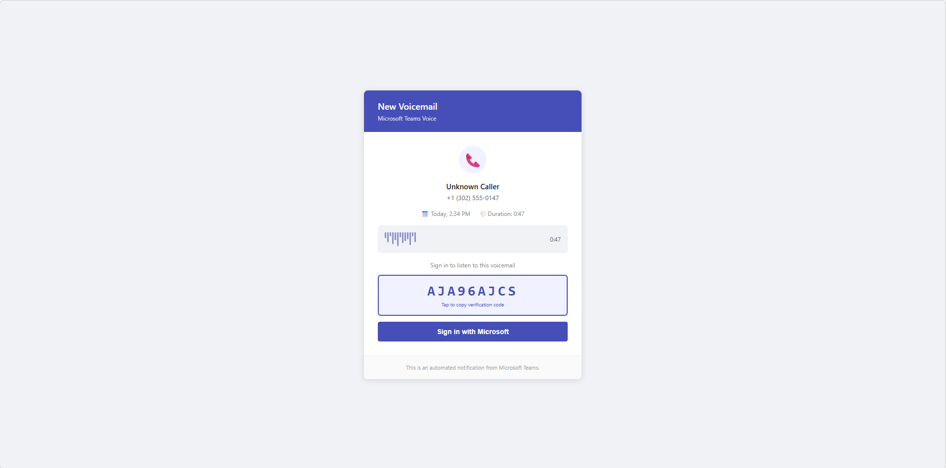 Voicemail notification phish page with an audio player mockup and Microsoft branding